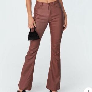 EDIKTED Luna Faux Leather Flare Jeans Brown
